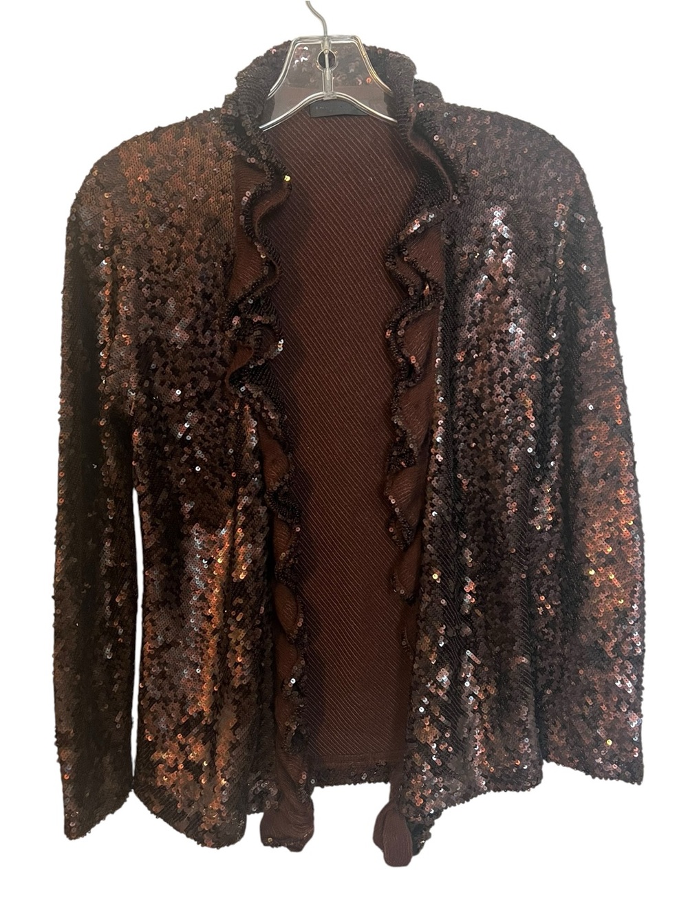 Donna Karan Vintage Y2K Sequin Cardigan Sweater S Chocolate Brown Ruffle Glam